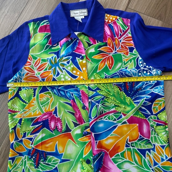 Vintage 100% Silk Sequin Embellished Royal Blue Green Tropical Button Down🌴 - Picture 4 of 8